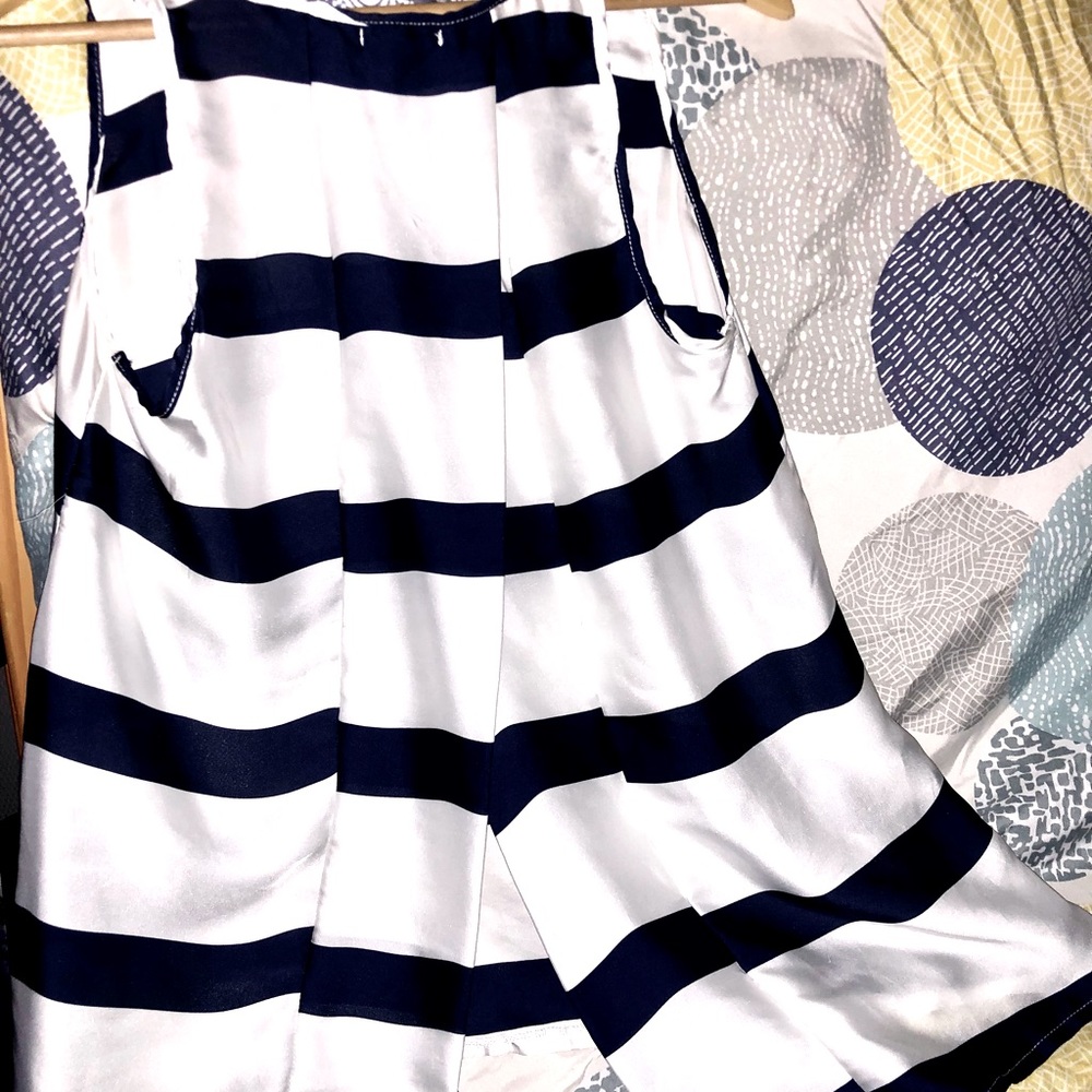 short sleeve silky blue and white striped classy blouse by Poetry